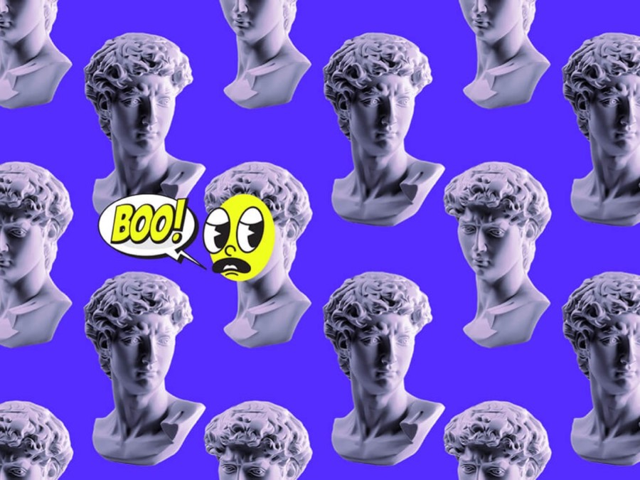 Rows of David sculpture busts on a purple background with a cartoon “BOO!” speech bubble