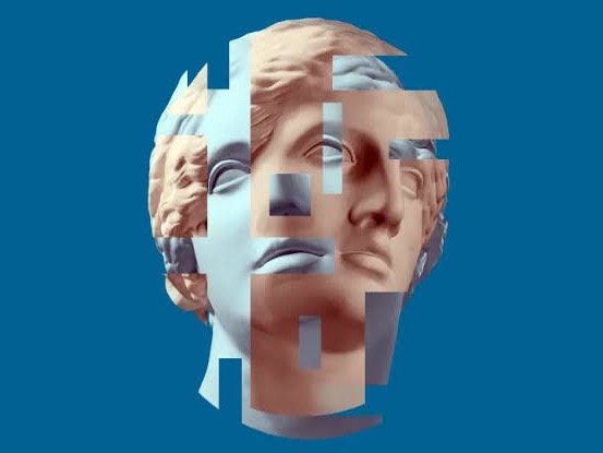 A sculpted head broken up by geometric blocks on a blue background